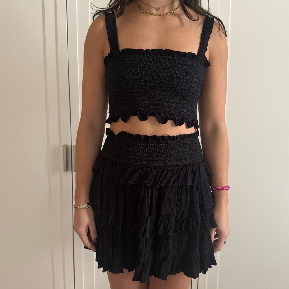 Free People Thalia Black Ruffled Smocked Skirt Set in size medium with ruching